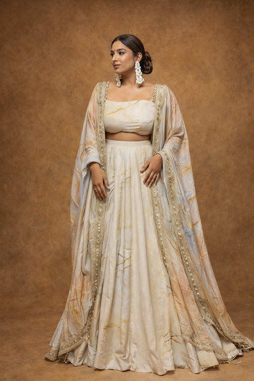 MARBLE PRINT LENGHA SAREE FUSION