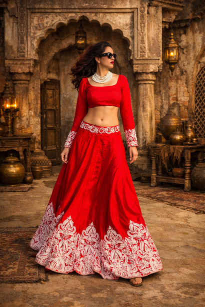 RED WHITE EMBROIDERED LENGHA SET