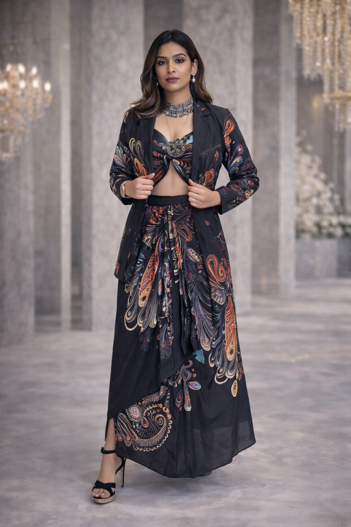 RAVEL PRINT DHOTI SKIRT BLAZER SET